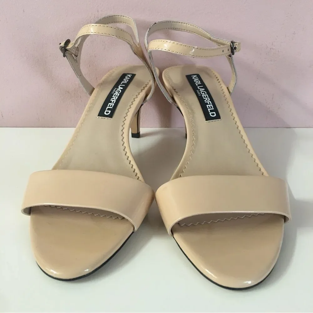 Karl Lagerfeld Nude Patent Leather Mid-Heel Sandals